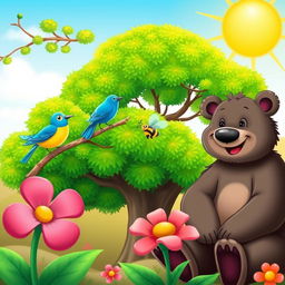 A vibrant scene featuring a colorful flower blooming in the foreground, a cheerful blue bird perched on a branch of a lush green tree, a friendly smiling bear sitting nearby with an inviting expression, and a single bee buzzing joyfully around the flower