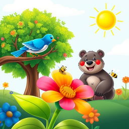 A vibrant scene featuring a colorful flower blooming in the foreground, a cheerful blue bird perched on a branch of a lush green tree, a friendly smiling bear sitting nearby with an inviting expression, and a single bee buzzing joyfully around the flower