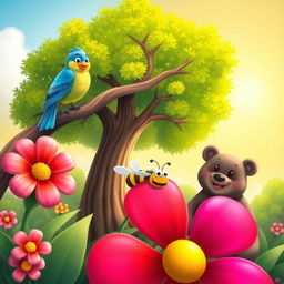A vibrant scene featuring a colorful flower blooming in the foreground, a cheerful blue bird perched on a branch of a lush green tree, a friendly smiling bear sitting nearby with an inviting expression, and a single bee buzzing joyfully around the flower