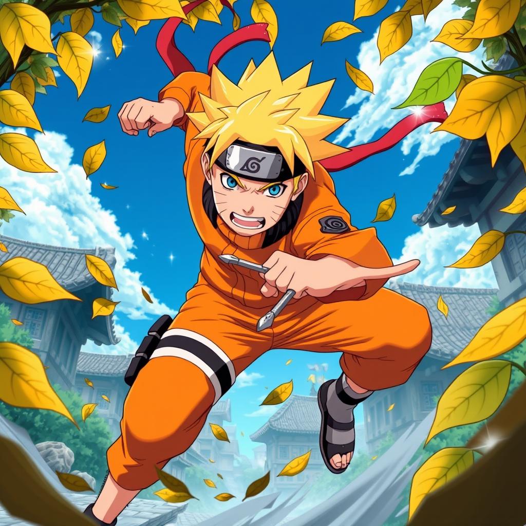 A vibrant and dynamic scene featuring Naruto Uzumaki in his iconic orange jumpsuit, showcasing his spiky blonde hair and determined expression
