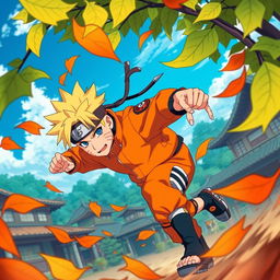A vibrant and dynamic scene featuring Naruto Uzumaki in his iconic orange jumpsuit, showcasing his spiky blonde hair and determined expression