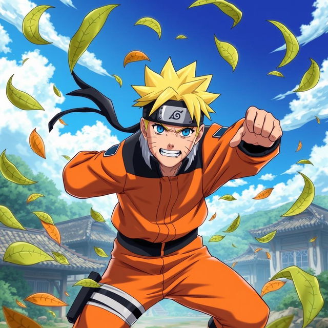 A vibrant and dynamic scene featuring Naruto Uzumaki in his iconic orange jumpsuit, showcasing his spiky blonde hair and determined expression