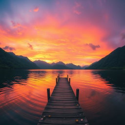 A breathtaking panoramic landscape featuring a vibrant sunset over a serene lake surrounded by lush green mountains