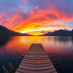 A breathtaking panoramic landscape featuring a vibrant sunset over a serene lake surrounded by lush green mountains