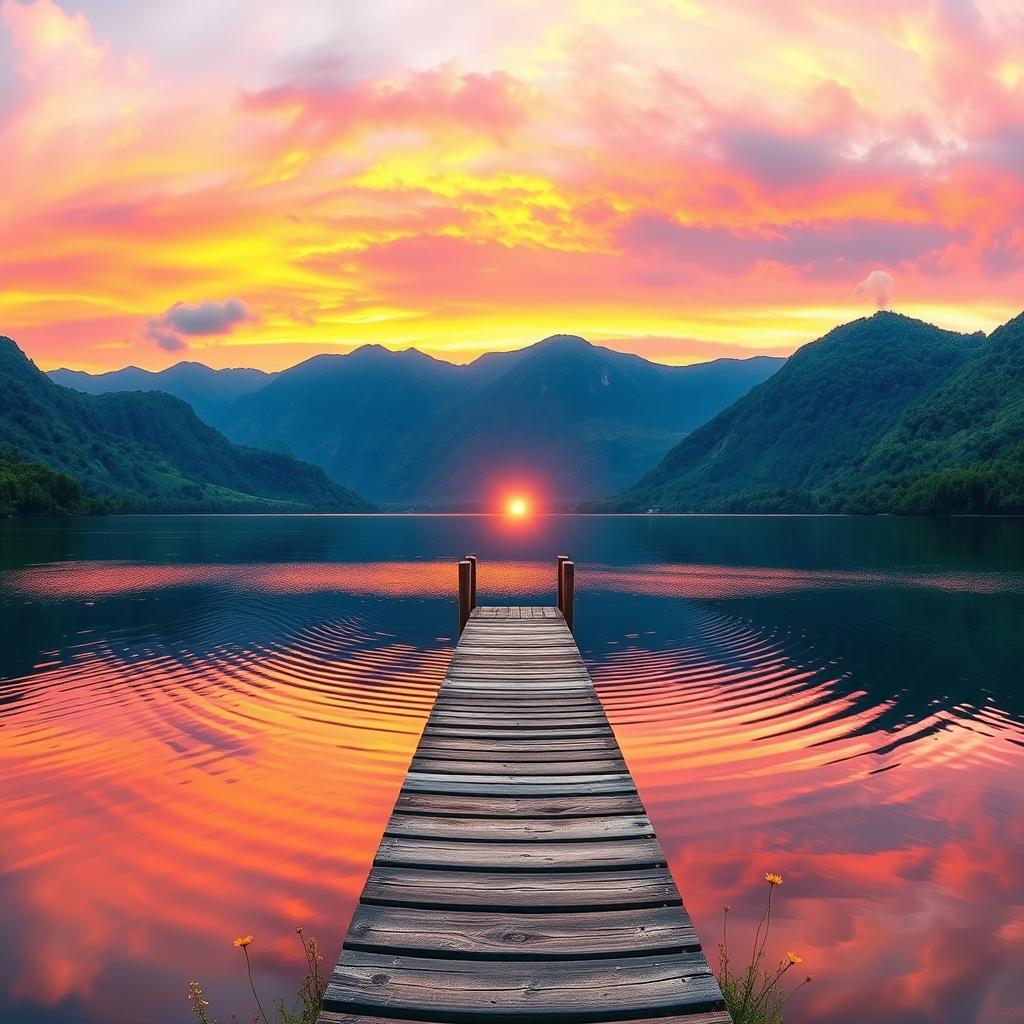 A breathtaking panoramic landscape featuring a vibrant sunset over a serene lake surrounded by lush green mountains