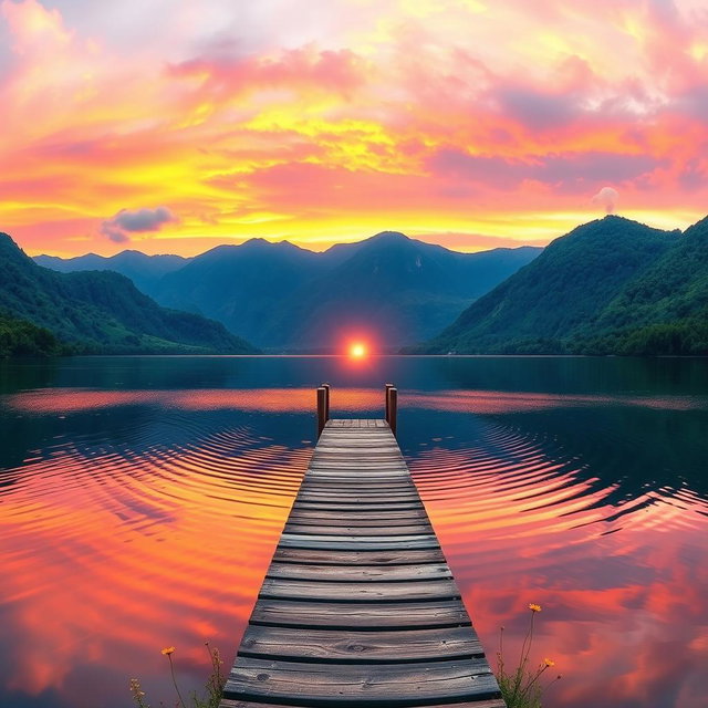 A breathtaking panoramic landscape featuring a vibrant sunset over a serene lake surrounded by lush green mountains