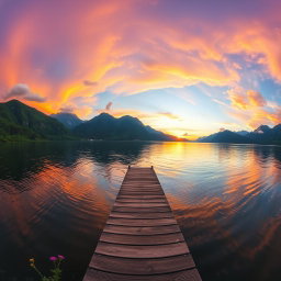 A breathtaking panoramic landscape featuring a vibrant sunset over a serene lake surrounded by lush green mountains