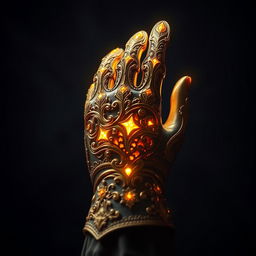 A magical golden glove, intricately designed with ornate patterns and glowing details
