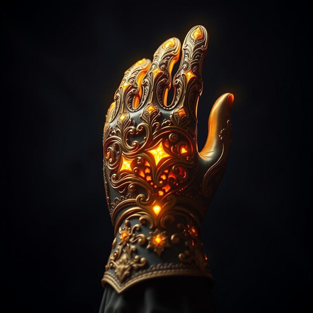 A magical golden glove, intricately designed with ornate patterns and glowing details