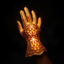 A magical golden glove, intricately designed with ornate patterns and glowing details