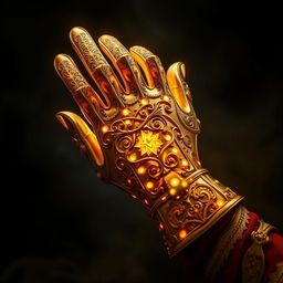 A magical golden glove, intricately designed with ornate patterns and glowing details