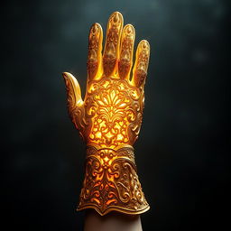 A magical golden glove, intricately designed with ornate patterns and glowing details