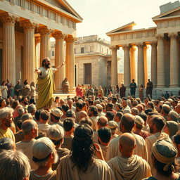 A bustling scene in ancient Corinth around 2000 years ago, featuring the Apostle Paul standing on a raised platform, passionately preaching to a diverse crowd of attentive listeners