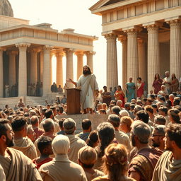 A bustling scene in ancient Corinth around 2000 years ago, featuring the Apostle Paul standing on a raised platform, passionately preaching to a diverse crowd of attentive listeners