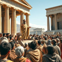 A bustling scene in ancient Corinth around 2000 years ago, featuring the Apostle Paul standing on a raised platform, passionately preaching to a diverse crowd of attentive listeners