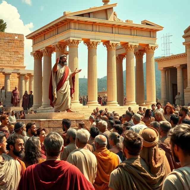 A bustling scene in ancient Corinth around 2000 years ago, featuring the Apostle Paul standing on a raised platform, passionately preaching to a diverse crowd of attentive listeners