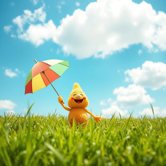 A cute and whimsical mofusand character joyfully holding a colorful umbrella, standing in a vibrant landscape filled with lush green grass under a bright blue sky with fluffy white clouds