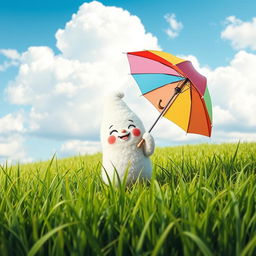 A cute and whimsical mofusand character joyfully holding a colorful umbrella, standing in a vibrant landscape filled with lush green grass under a bright blue sky with fluffy white clouds