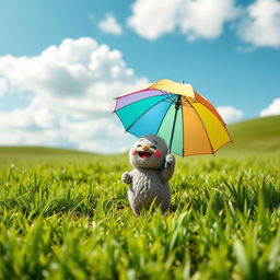 A cute and whimsical mofusand character joyfully holding a colorful umbrella, standing in a vibrant landscape filled with lush green grass under a bright blue sky with fluffy white clouds