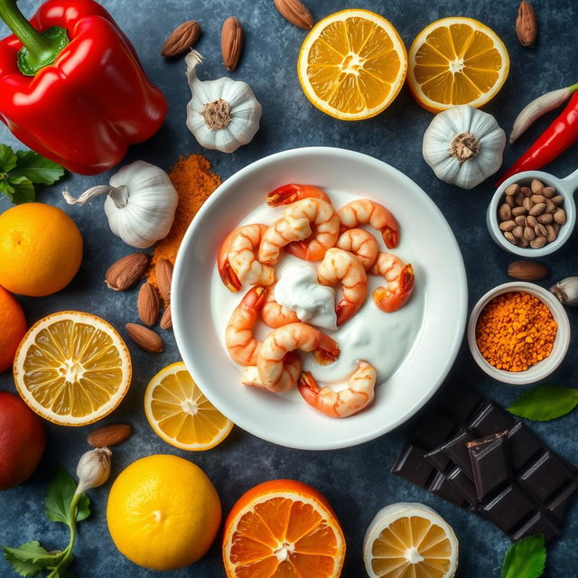A vibrant display of assorted citrus fruits, red bell peppers, garlic, turmeric, almonds, and dark chocolate arranged artistically on a tabletop