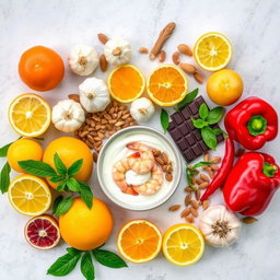 A vibrant display of assorted citrus fruits, red bell peppers, garlic, turmeric, almonds, and dark chocolate arranged artistically on a tabletop