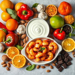 A vibrant display of assorted citrus fruits, red bell peppers, garlic, turmeric, almonds, and dark chocolate arranged artistically on a tabletop