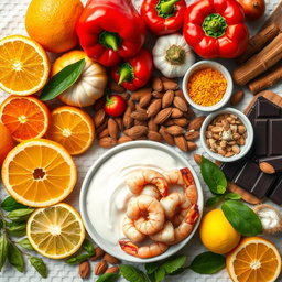 A vibrant display of assorted citrus fruits, red bell peppers, garlic, turmeric, almonds, and dark chocolate arranged artistically on a tabletop