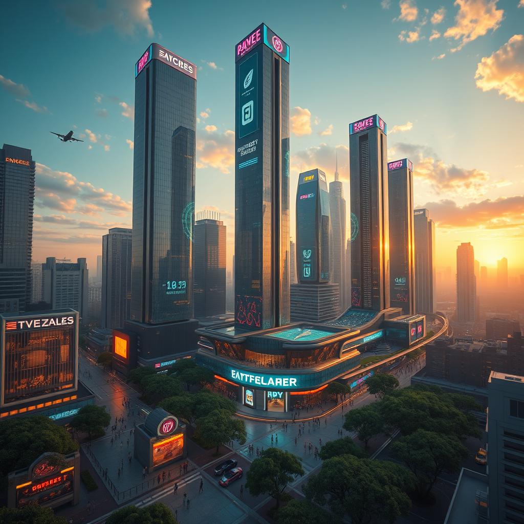 A stunning 3D rendering of a futuristic cityscape, showcasing tall skyscrapers with reflective glass, illuminated by neon lights and dynamic holograms