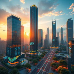 A stunning 3D rendering of a futuristic cityscape, showcasing tall skyscrapers with reflective glass, illuminated by neon lights and dynamic holograms