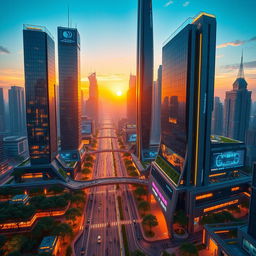 A stunning 3D rendering of a futuristic cityscape, showcasing tall skyscrapers with reflective glass, illuminated by neon lights and dynamic holograms
