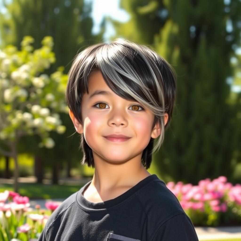 A young boy with mid-length black and silver hair and striking golden eyes