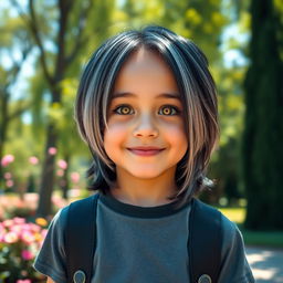 A young boy with mid-length black and silver hair and striking golden eyes