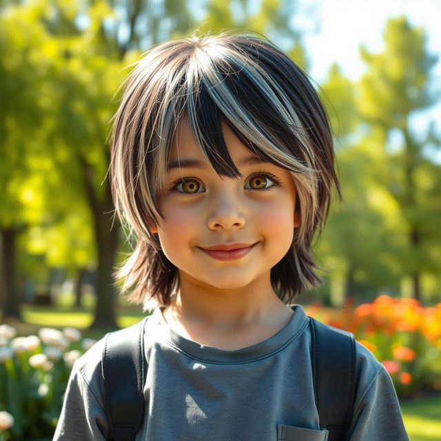 A young boy with mid-length black and silver hair and striking golden eyes