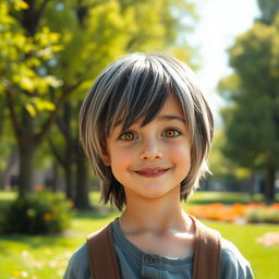 A young boy with mid-length black and silver hair and striking golden eyes