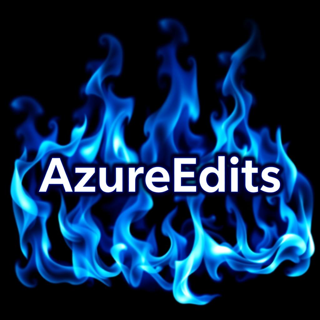 The word 'AzureEdits' stylized in a bold, modern font, prominently set within a vivid blue flame that flickers and dances around the text
