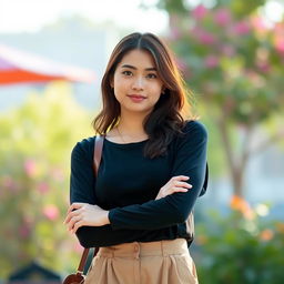 A person with arms lowered gracefully, standing with a relaxed posture, wearing a stylish outfit