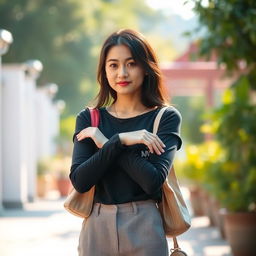 A person with arms lowered gracefully, standing with a relaxed posture, wearing a stylish outfit