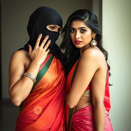 An alluring image showcasing two hot Indian women, Lala and Lisa, both elegantly dressed in stunning sarees that highlight their curves and cultural heritage