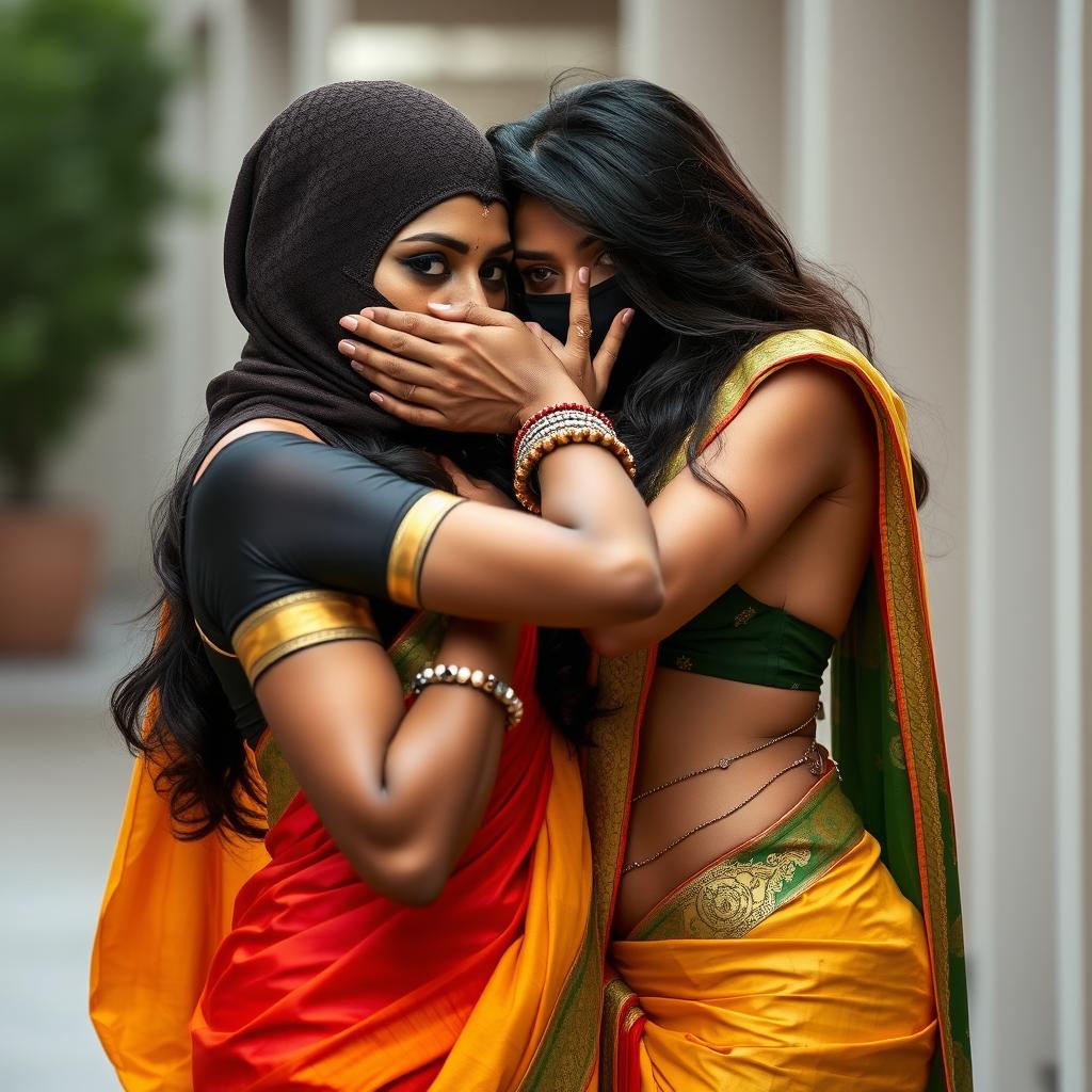 An alluring image showcasing two hot Indian women, Lala and Lisa, both elegantly dressed in stunning sarees that highlight their curves and cultural heritage