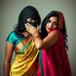 An alluring image showcasing two hot Indian women, Lala and Lisa, both elegantly dressed in stunning sarees that highlight their curves and cultural heritage