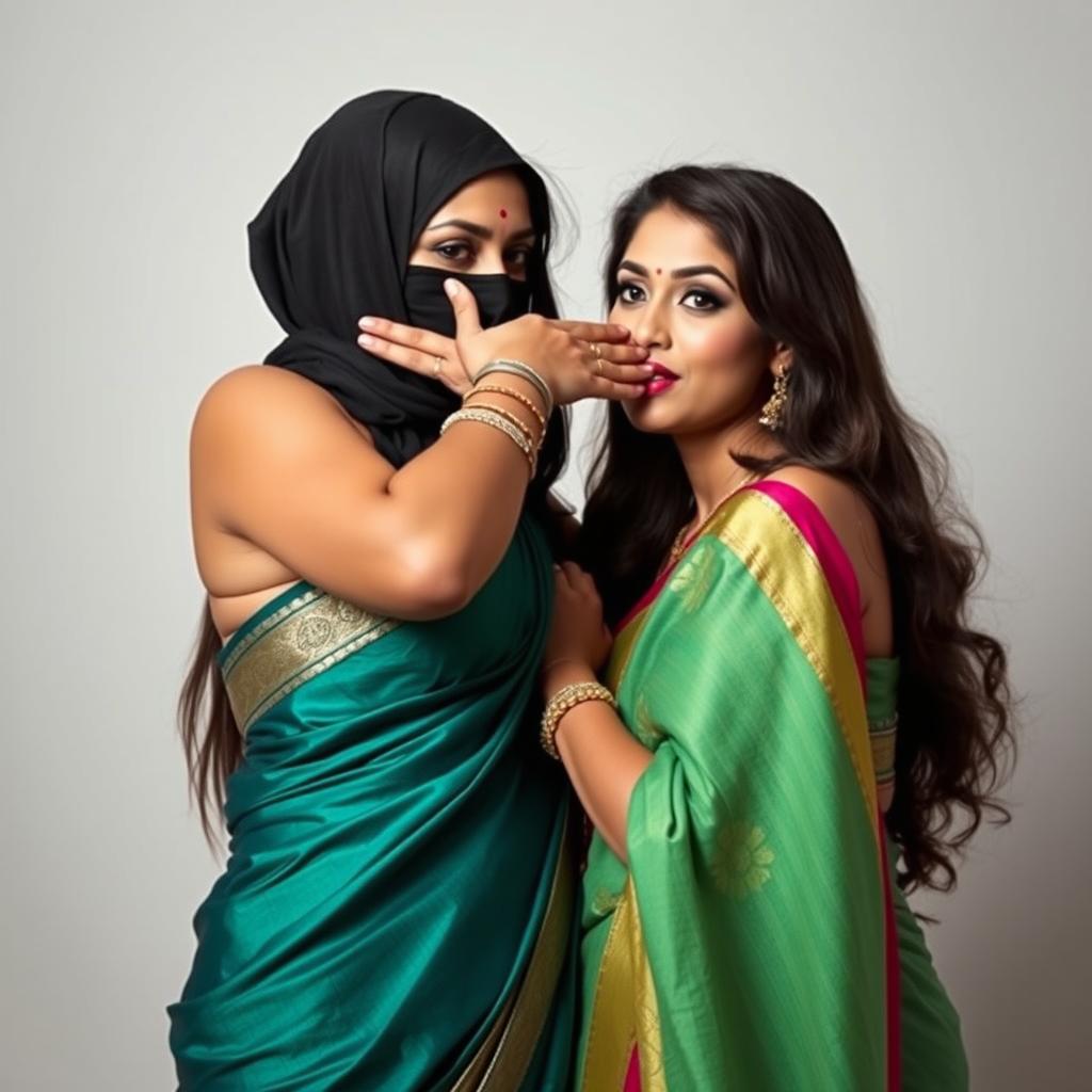 An alluring image showcasing two hot Indian women, Lala and Lisa, both elegantly dressed in stunning sarees that highlight their curves and cultural heritage