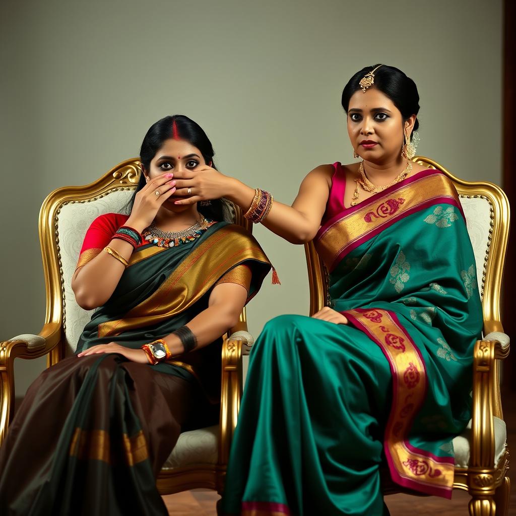 An alluring image featuring two hot Indian women, Lala and Lisa, both dressed in stunning sarees, seated gracefully in elegant chairs