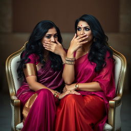 An alluring image featuring two hot Indian women, Lala and Lisa, both dressed in stunning sarees, seated gracefully in elegant chairs