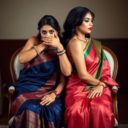 An alluring image featuring two hot Indian women, Lala and Lisa, both dressed in stunning sarees, seated gracefully in elegant chairs