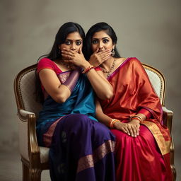 An alluring image featuring two hot Indian women, Lala and Lisa, both dressed in stunning sarees, seated gracefully in elegant chairs
