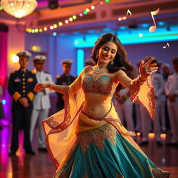 A lively scene depicting an elegant dancer, inspired by traditional Arabic dance, performing gracefully