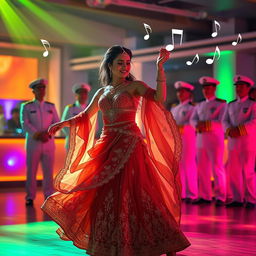 A lively scene depicting an elegant dancer, inspired by traditional Arabic dance, performing gracefully