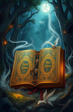 A detailed illustration of a mystical, ancient book titled 'Buku Sibra', adorned with intricate golden designs and magical runes
