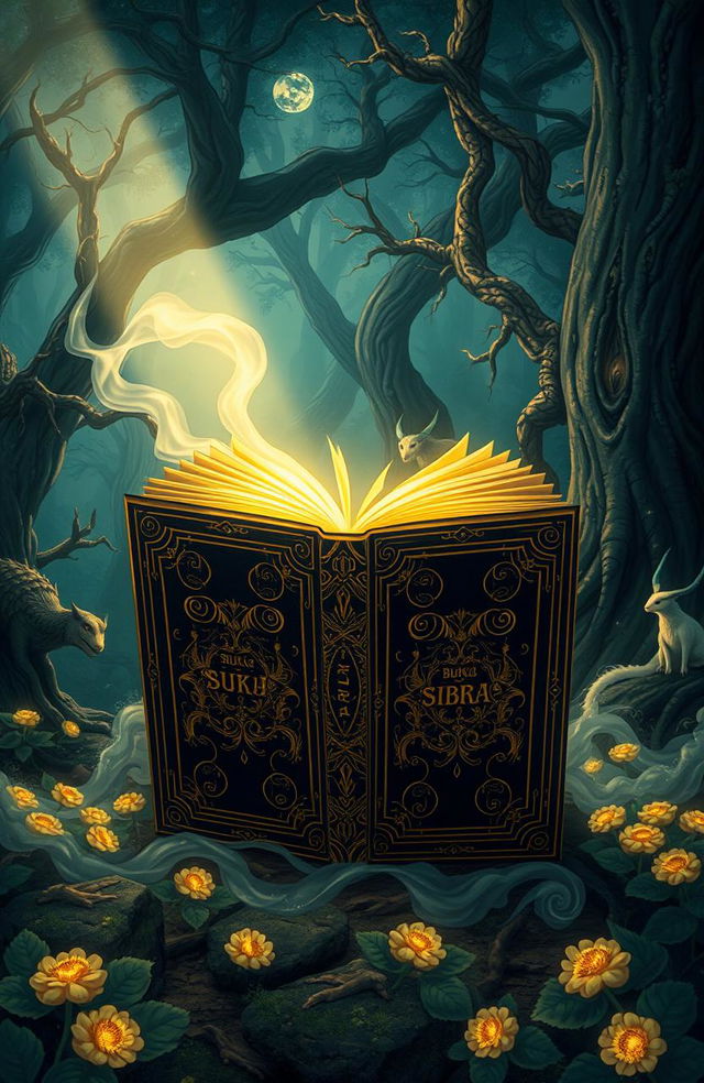 A detailed illustration of a mystical, ancient book titled 'Buku Sibra', adorned with intricate golden designs and magical runes