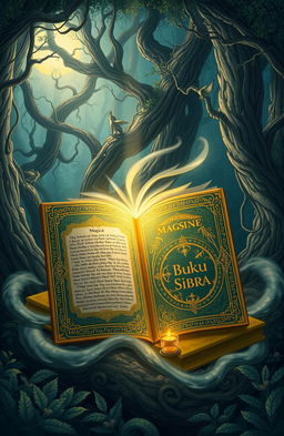A detailed illustration of a mystical, ancient book titled 'Buku Sibra', adorned with intricate golden designs and magical runes